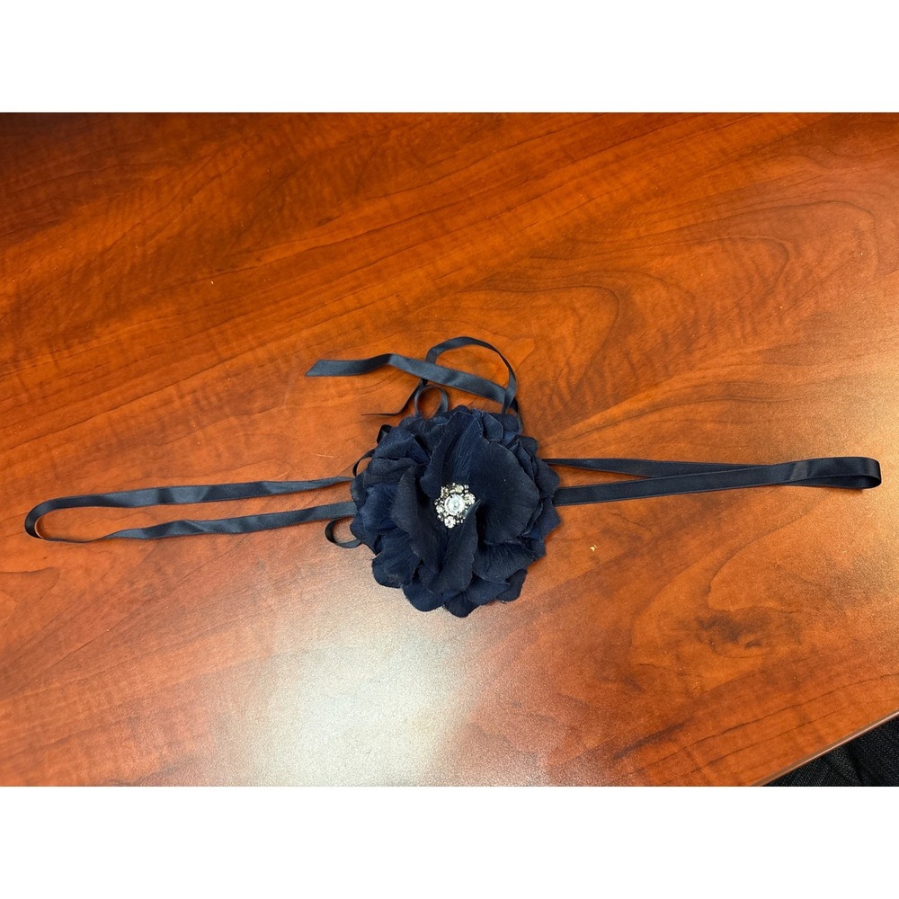 Vtg J.Crew‎ Navy Blue Fabric Flower Ribbon Belt Rhinestone Center Sash Accessory